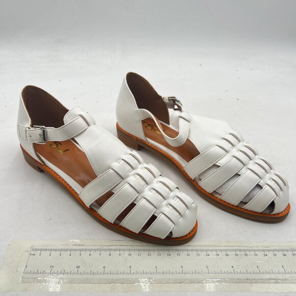 FSJ White Closed Toe Low Block Heel Woven Roman Ankle Strap Hollow Caged Sandals - Picture 4 of 8